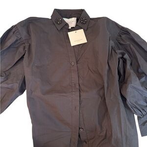 The Shirt by Rochelle Behrens Black Puff-Sleeve Button Shirt with Jeweled Collar